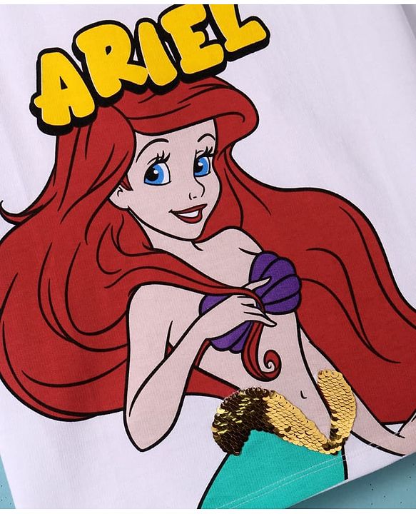 Pine Kids Disney Terry Knit Half Sleeves Oversized Drop Shoulder T-Shirt With Disney Princess Ariel Graphics And Sequins Detailing - White