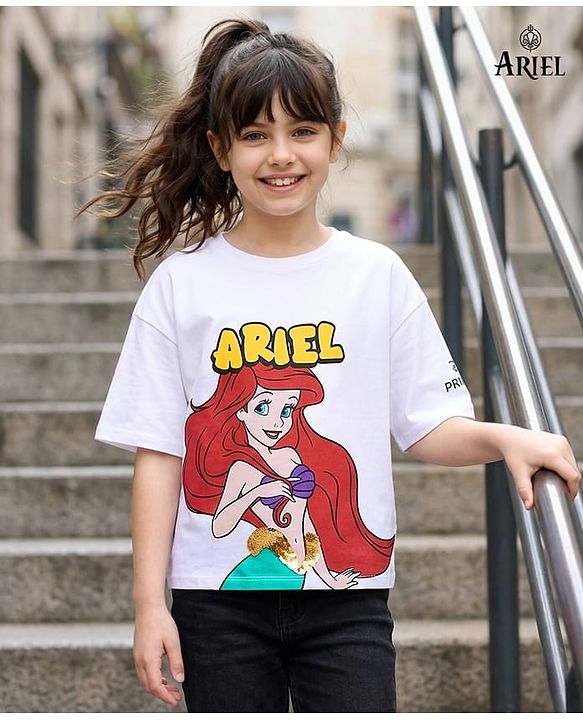 Pine Kids Disney Terry Knit Half Sleeves Oversized Drop Shoulder T-Shirt With Disney Princess Ariel Graphics And Sequins Detailing - White