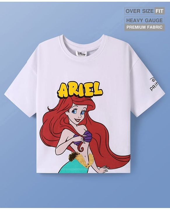 Pine Kids Disney Terry Knit Half Sleeves Oversized Drop Shoulder T-Shirt With Disney Princess Ariel Graphics And Sequins Detailing - White