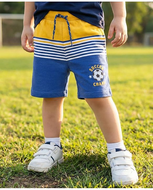Babyhug Cotton Knit Mid Thigh Length Shorts with Stripes & Text Print  - Navy Blue
