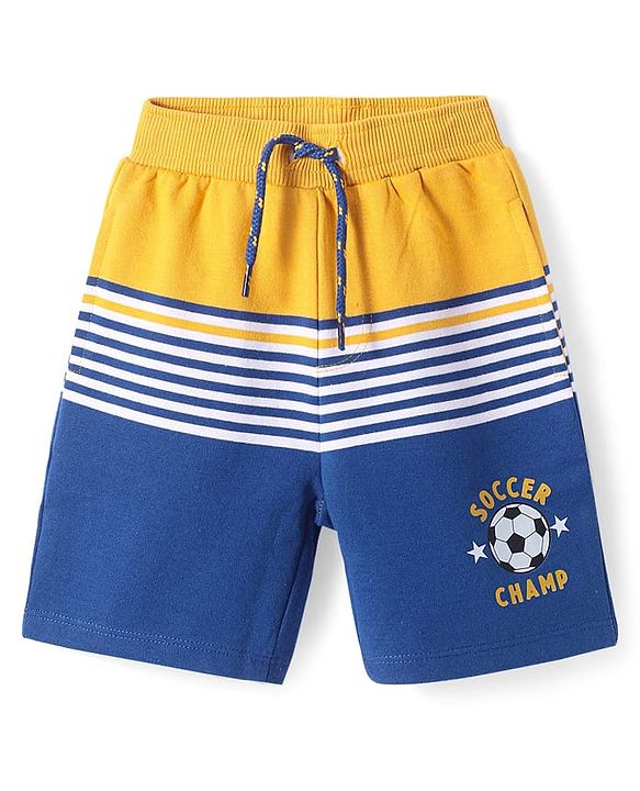 Babyhug Cotton Knit Mid Thigh Length Shorts with Stripes & Text Print  - Navy Blue