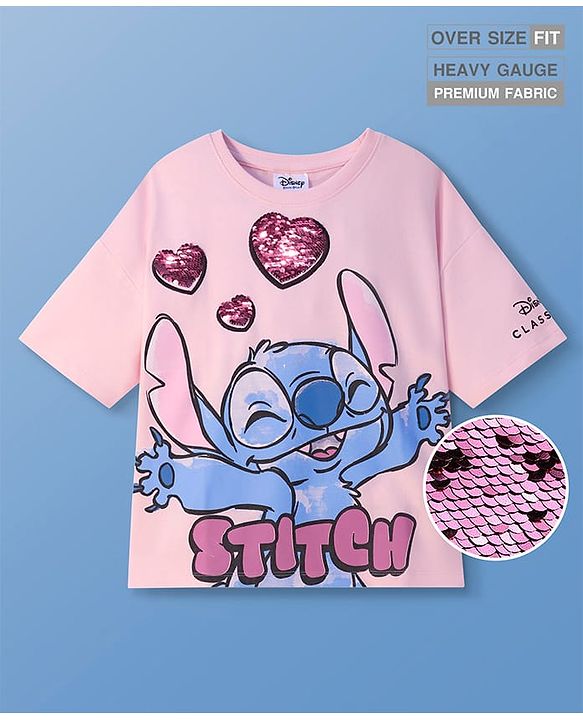 Pine Kids Disney Terry Knit Half Drop Shoulder Sleeves Oversized T-Shirt with Stitch Graphic & Reversible Sequins Detailing - Pink