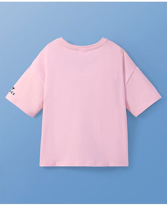 Pine Kids Disney Terry Knit Half Drop Shoulder Sleeves Oversized T-Shirt with Stitch Graphic & Reversible Sequins Detailing - Pink