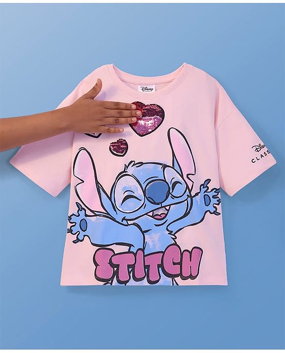 Pine Kids Disney Terry Knit Half Drop Shoulder Sleeves Oversized T-Shirt with Stitch Graphic & Reversible Sequins Detailing - Pink