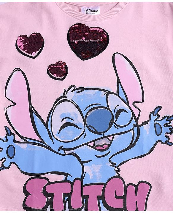 Pine Kids Disney Terry Knit Half Drop Shoulder Sleeves Oversized T-Shirt with Stitch Graphic & Reversible Sequins Detailing - Pink