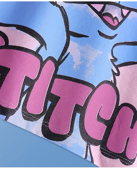 Pine Kids Disney Terry Knit Half Drop Shoulder Sleeves Oversized T-Shirt with Stitch Graphic & Reversible Sequins Detailing - Pink