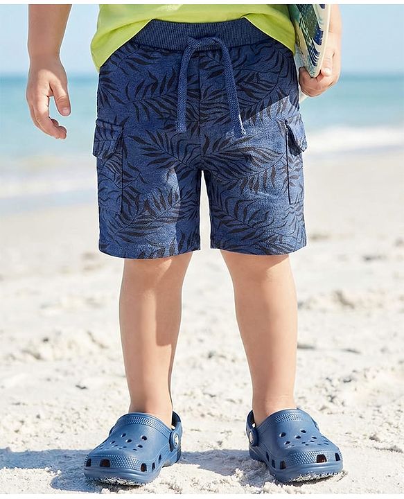 Babyhug Cotton Knit Mid Thigh Shorts with Leave Print - Navy Blue