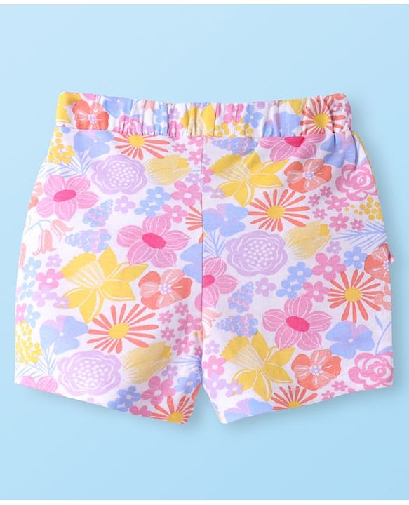 Babyhug Cotton Knit Mid Thigh Shorts with Bow Applique & Floral Print - Pink & Purple