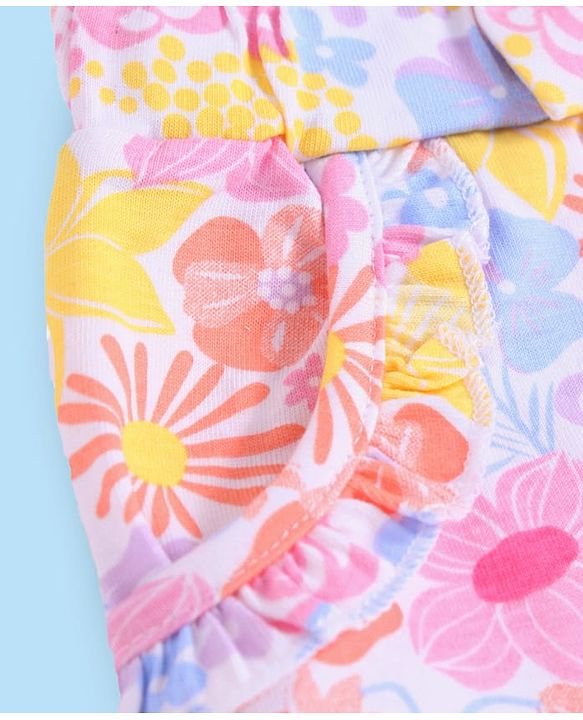 Babyhug Cotton Knit Mid Thigh Shorts with Bow Applique & Floral Print - Pink & Purple