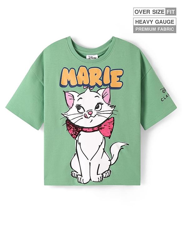 Pine Kids Disney Terry Knit Half Sleeves Oversize Drop Shoulder T-Shirt With Aristocats Marie Graphics And Sequins Detailing - Mint