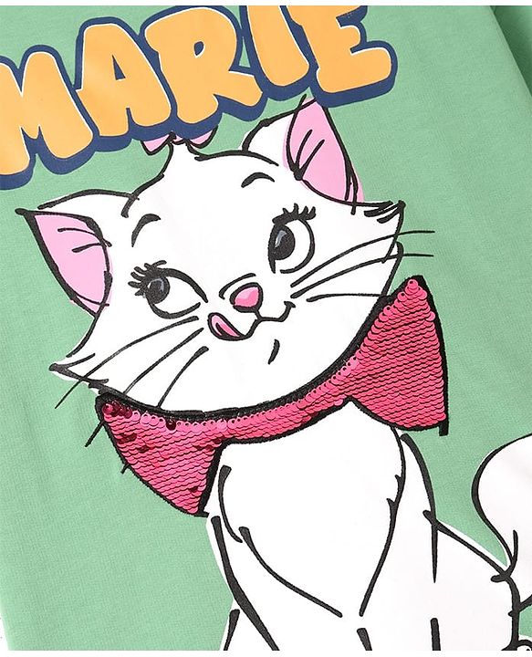Pine Kids Disney Terry Knit Half Sleeves Oversize Drop Shoulder T-Shirt With Aristocats Marie Graphics And Sequins Detailing - Mint
