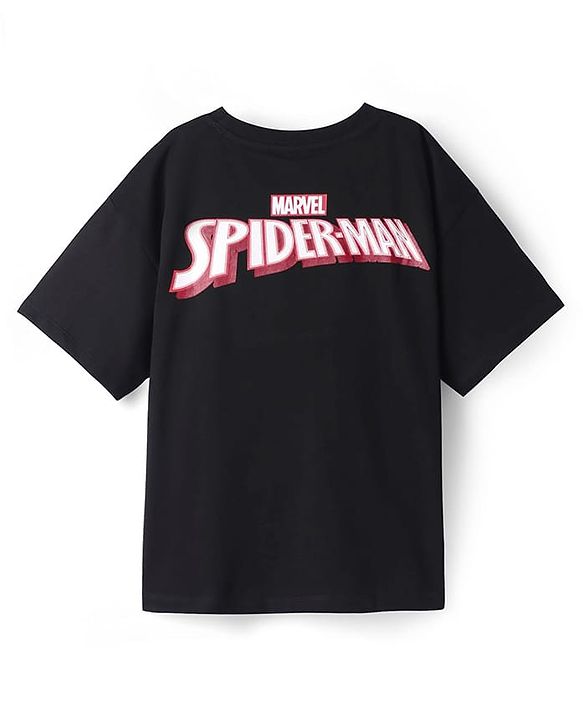 Pine Kids Marvel Terry Knit Half Drop Shoulder Sleeves Oversized T-Shirt with Spider Man Graphics & Applique - Black