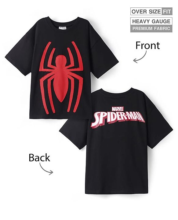 Pine Kids Marvel Terry Knit Half Drop Shoulder Sleeves Oversized T-Shirt with Spider Man Graphics & Applique - Black