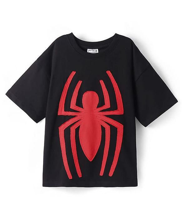 Pine Kids Marvel Terry Knit Half Drop Shoulder Sleeves Oversized T-Shirt with Spider Man Graphics & Applique - Black