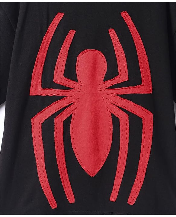 Pine Kids Marvel Terry Knit Half Drop Shoulder Sleeves Oversized T-Shirt with Spider Man Graphics & Applique - Black