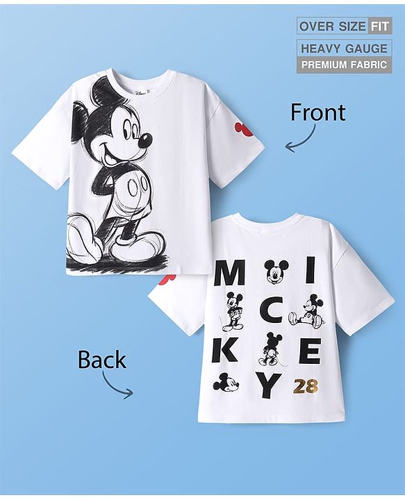 Pine Kids Disney Terry Knit Half Sleeves Oversized Drop Shoulder T-Shirt With Front And Back Mickey Mouse Graphics And Foil Print Detailing - White