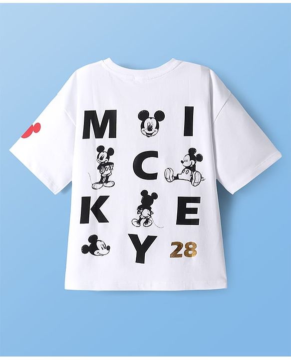 Pine Kids Disney Terry Knit Half Sleeves Oversized Drop Shoulder T-Shirt With Front And Back Mickey Mouse Graphics And Foil Print Detailing - White