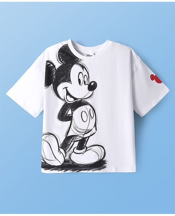 Pine Kids Disney Terry Knit Half Sleeves Oversized Drop Shoulder T-Shirt With Front And Back Mickey Mouse Graphics And Foil Print Detailing - White