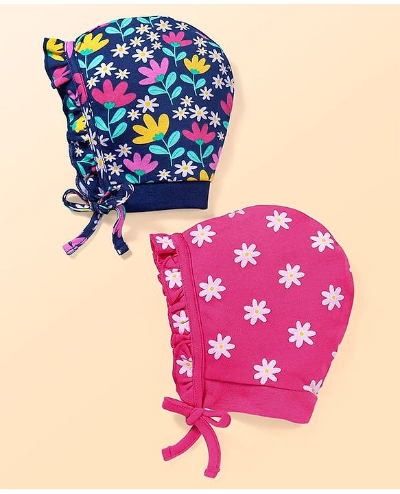 Babyhug 100% Cotton Knit Bonnet Bonnet Caps With Floral Print Pack of 2 - Dark Pink & Navy Blue