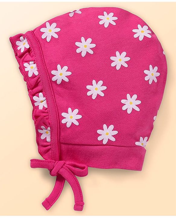 Babyhug 100% Cotton Knit Bonnet Bonnet Caps With Floral Print Pack of 2 - Dark Pink & Navy Blue