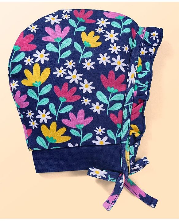 Babyhug 100% Cotton Knit Bonnet Bonnet Caps With Floral Print Pack of 2 - Dark Pink & Navy Blue