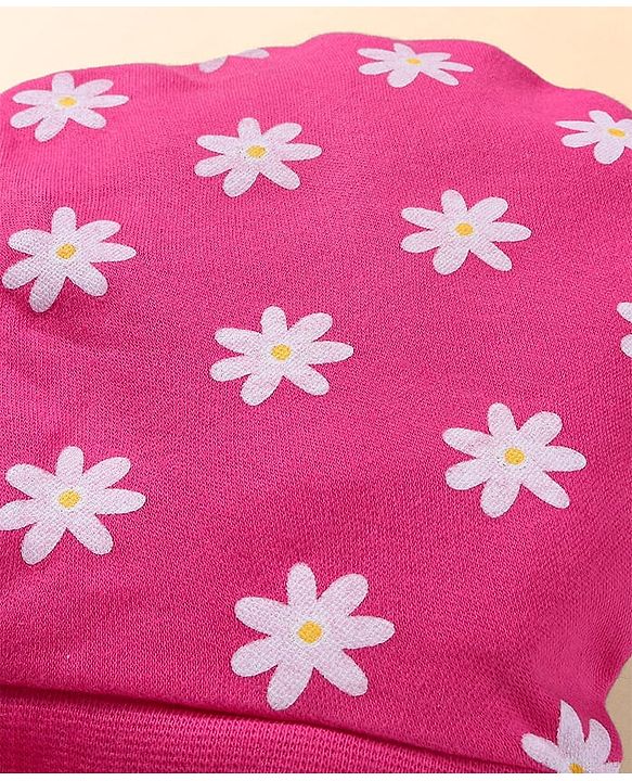 Babyhug 100% Cotton Knit Bonnet Bonnet Caps With Floral Print Pack of 2 - Dark Pink & Navy Blue