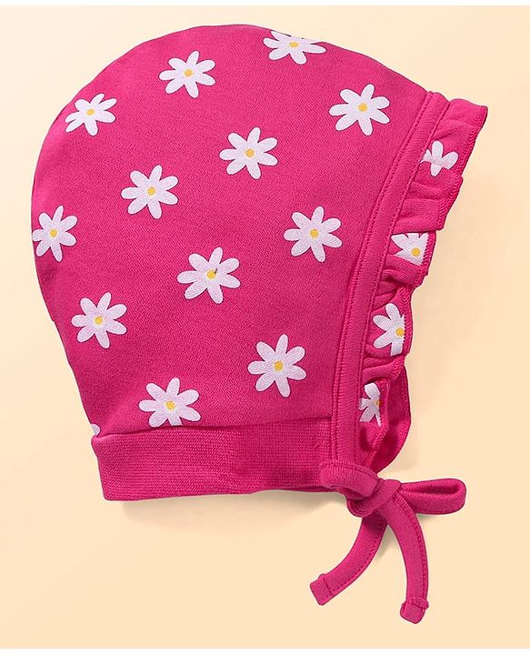 Babyhug 100% Cotton Knit Bonnet Bonnet Caps With Floral Print Pack of 2 - Dark Pink & Navy Blue
