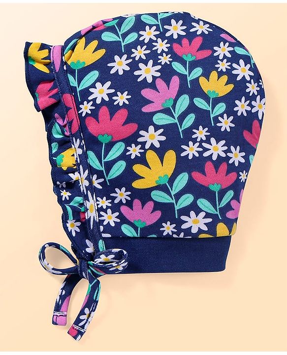 Babyhug 100% Cotton Knit Bonnet Bonnet Caps With Floral Print Pack of 2 - Dark Pink & Navy Blue
