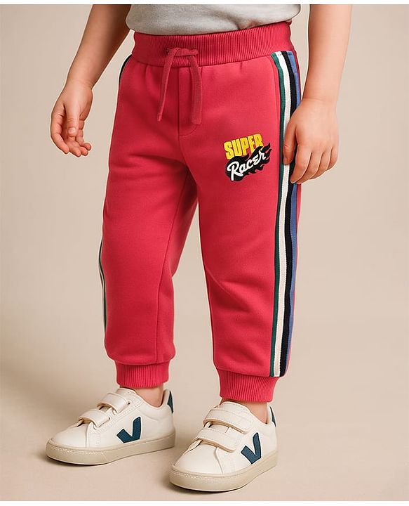 Babyhug Cotton Looper Knit Full Length Lounge Pant with Text Print - Red