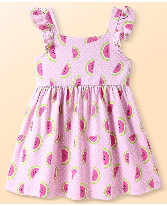 Babyhug Cotton Woven Frill Sleeves Frock With Watermelon Print - Light Pink