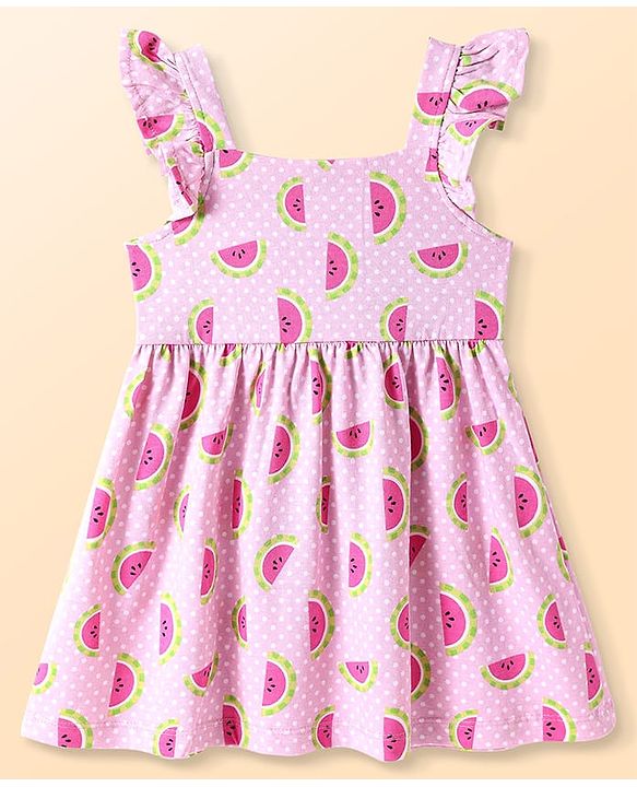 Babyhug Cotton Woven Frill Sleeves Frock With Watermelon Print - Light Pink
