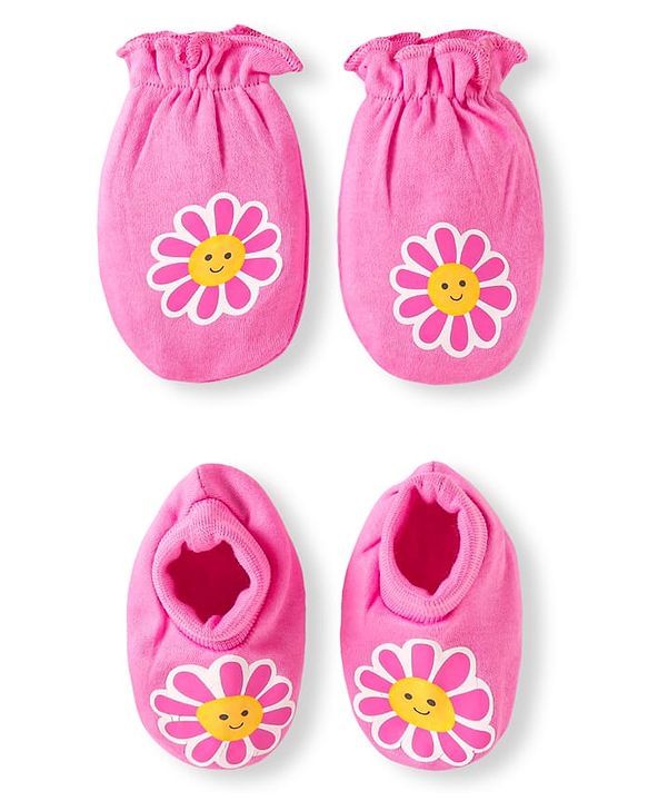 Babyhug 100% Cotton Knit Mittens & Booties with Floral Print - Pink