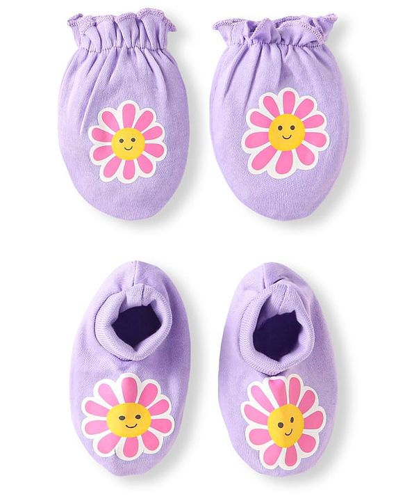 Babyhug 100% Cotton Knit Mittens & Booties With Floral Print - Lilac