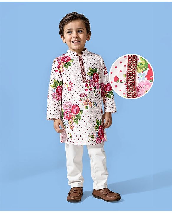 Babyhug Cotton Woven Full Sleeves Cambric Printed Kurta Pyjama Set  With Polka Dot & Floral Print - White & Pink