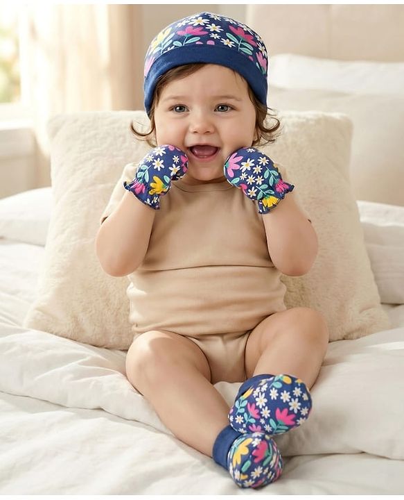 Babyhug 100% Cotton Knit Cap Mittens & Booties With Floral Print - Navy Blue