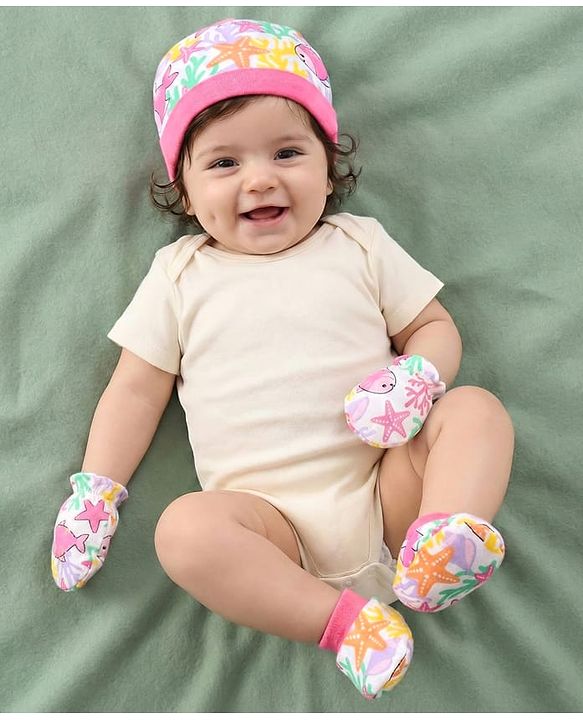 Babyhug 100% Cotton Interlock Knit Cap Mittens & Booties With Fish Print  Pink - Diameter 10 Cm