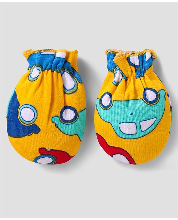 Babyhug 100% Cotton Cap Mittens And Booties Vehicle Printed - Yellow Packet Dim- 19x18cm, Cap Diameter-11x12cm, Mittens- 9cm, Bootties- 9.5cm, Age-Preemie, Pieces- 5