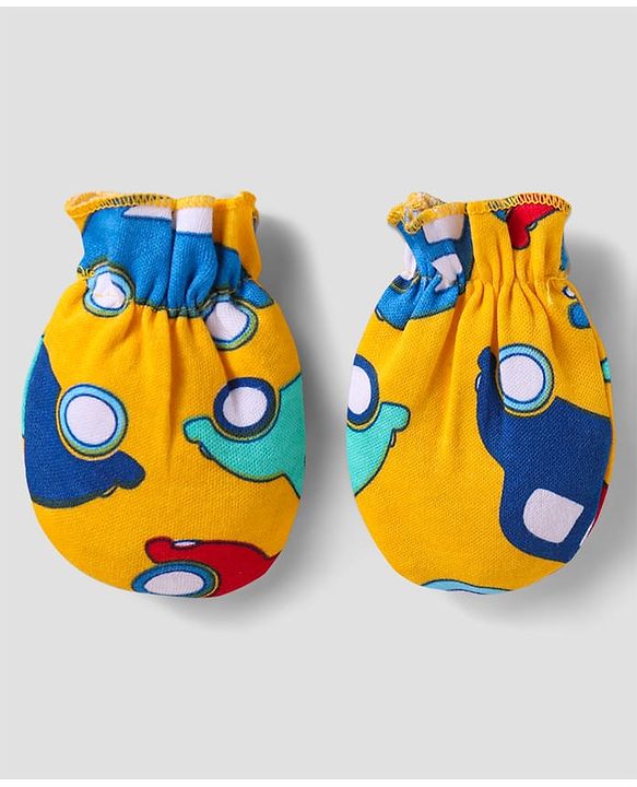 Babyhug 100% Cotton Cap Mittens And Booties Vehicle Printed - Yellow Packet Dim- 19x18cm, Cap Diameter-11x12cm, Mittens- 9cm, Bootties- 9.5cm, Age-Preemie, Pieces- 5