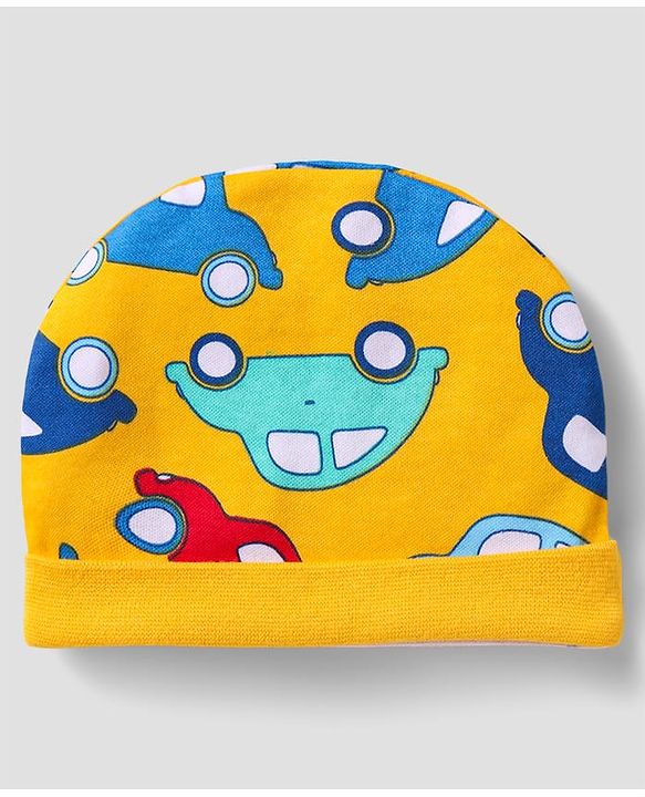 Babyhug 100% Cotton Cap Mittens And Booties Vehicle Printed - Yellow Packet Dim- 19x18cm, Cap Diameter-11x12cm, Mittens- 9cm, Bootties- 9.5cm, Age-Preemie, Pieces- 5