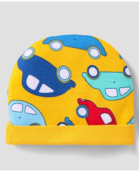 Babyhug 100% Cotton Cap Mittens And Booties Vehicle Printed - Yellow Packet Dim- 19x18cm, Cap Diameter-11x12cm, Mittens- 9cm, Bootties- 9.5cm, Age-Preemie, Pieces- 5