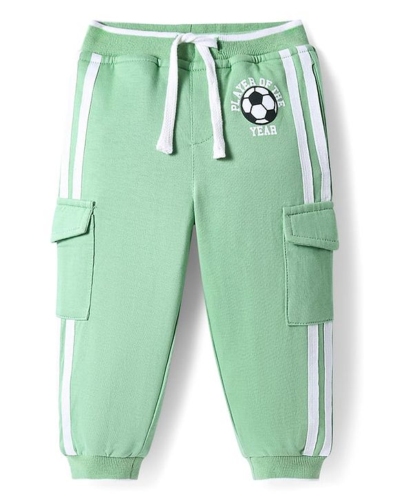 Babyhug Cotton Looper Knit Full Length Lounge Pants with Tape Detailing & Football Print - Light Green