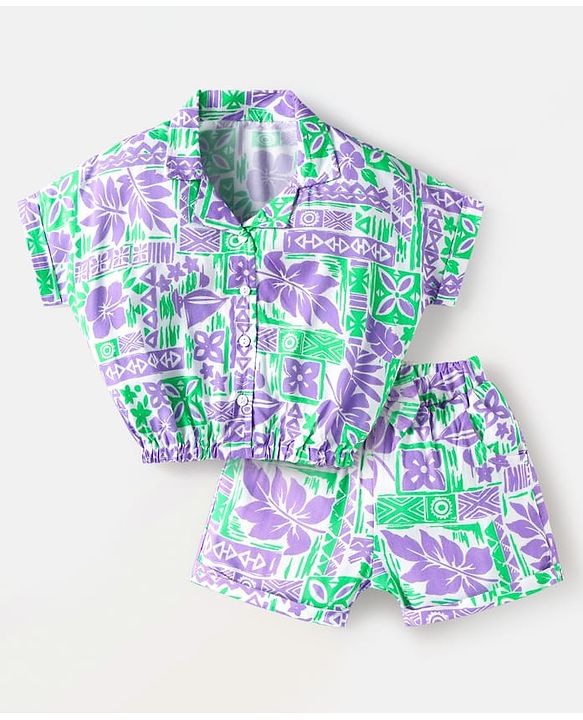 Babyhug Rayon Woven Half Sleeves Shirt Styled Top & Shorts Co-Ord Set With Leaf Print - Purple