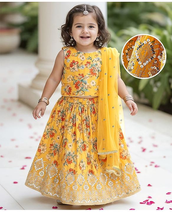 Babyhug Sleeveless Embroidered Choli Lehenga And Dupatta - Sunny Lime