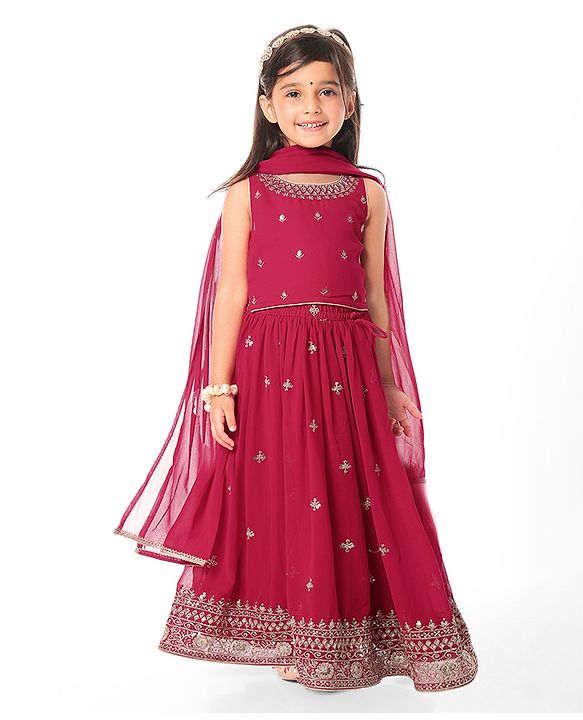 Babyhug Woven Sleeveless Embroidered Lehenga Choli Set with Dupatta & Floral Design & Lace Detailing - Dark Pink