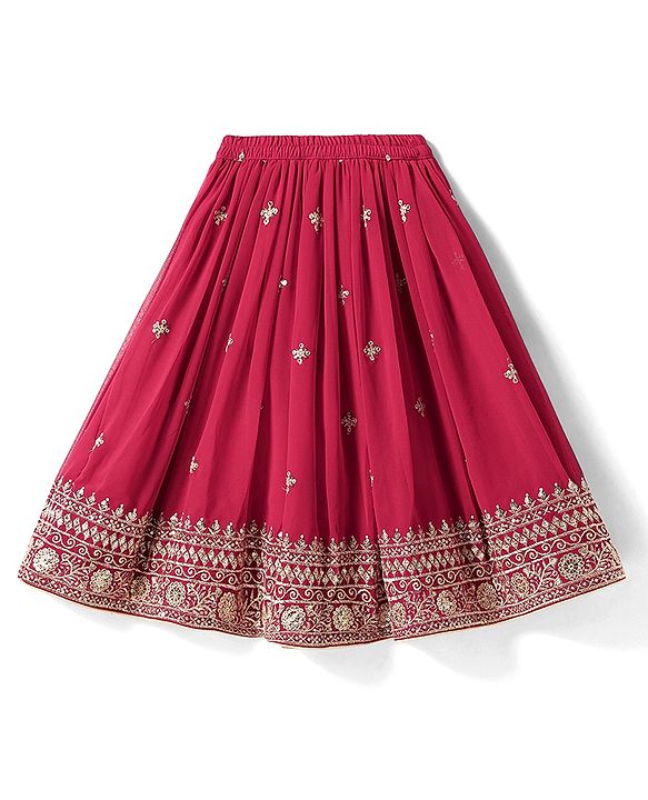 Babyhug Woven Sleeveless Embroidered Lehenga Choli Set with Dupatta & Floral Design & Lace Detailing - Dark Pink