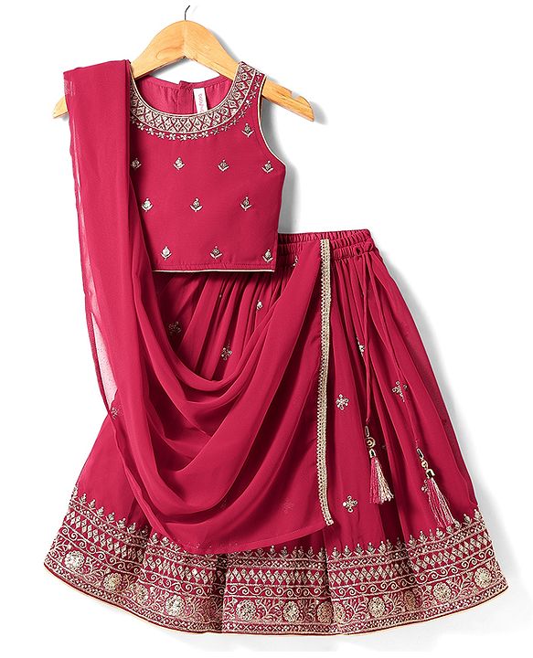 Babyhug Woven Sleeveless Embroidered Lehenga Choli Set with Dupatta & Floral Design & Lace Detailing - Dark Pink