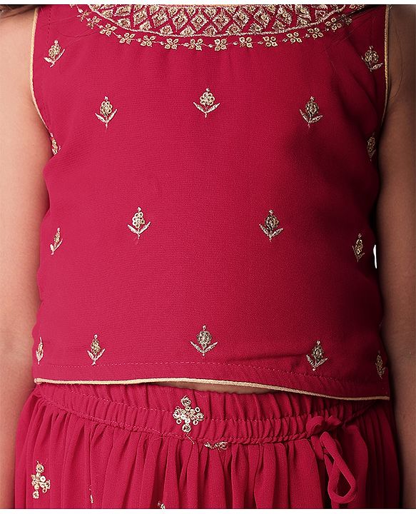 Babyhug Woven Sleeveless Embroidered Lehenga Choli Set with Dupatta & Floral Design & Lace Detailing - Dark Pink
