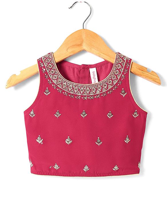Babyhug Woven Sleeveless Embroidered Lehenga Choli Set with Dupatta & Floral Design & Lace Detailing - Dark Pink