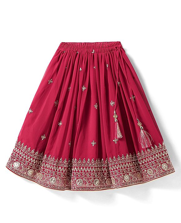 Babyhug Woven Sleeveless Embroidered Lehenga Choli Set with Dupatta & Floral Design & Lace Detailing - Dark Pink