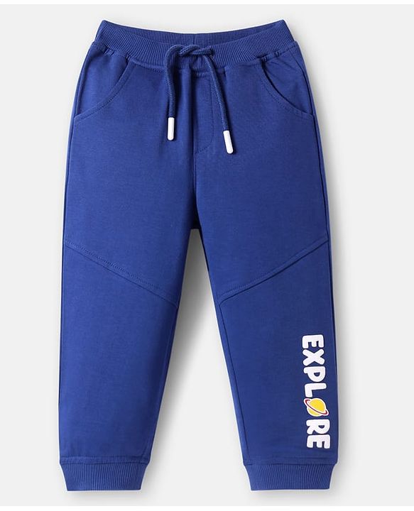 Babyhug Cotton Terry Full Length Jogger Fit Lounge Pant with Ribbed Waist & Pockets Explore Print - Navy